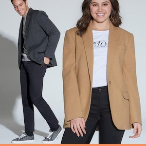 May include: A sewing pattern for a blazer. The pattern is shown on two models, one wearing a gray blazer and the other wearing a brown blazer.