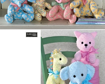 May include: A sewing pattern for making plush toys. The pattern includes instructions for making a giraffe, elephant, pig, and cat. The toys are all made from fabric with a floral pattern.