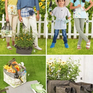 May include: A sewing pattern for a gardening apron with pockets, a gardening tote bag, and a gardening hat. The pattern includes instructions for making the items in different sizes.