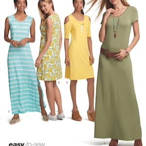 May include: Four dresses in various styles and colors are shown. One is a sleeveless maxi dress with blue and white stripes. Another is a yellow dress with cut-out shoulders. The last is a long olive green dress with a brown belt. The text "easy-to-sew" is visible.