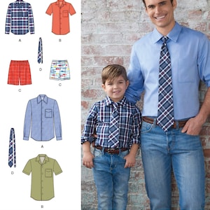 Könnte beinhalten: Schnittmuster für Herren- und Jungenhemden, Shorts und Krawatten. Das Muster enthält Illustrationen verschiedener Hemdenstile in Blau, Orange und Grün sowie Shorts und Krawatten. Das Bild zeigt auch einen Vater und seinen Sohn in ähnlichen Outfits.