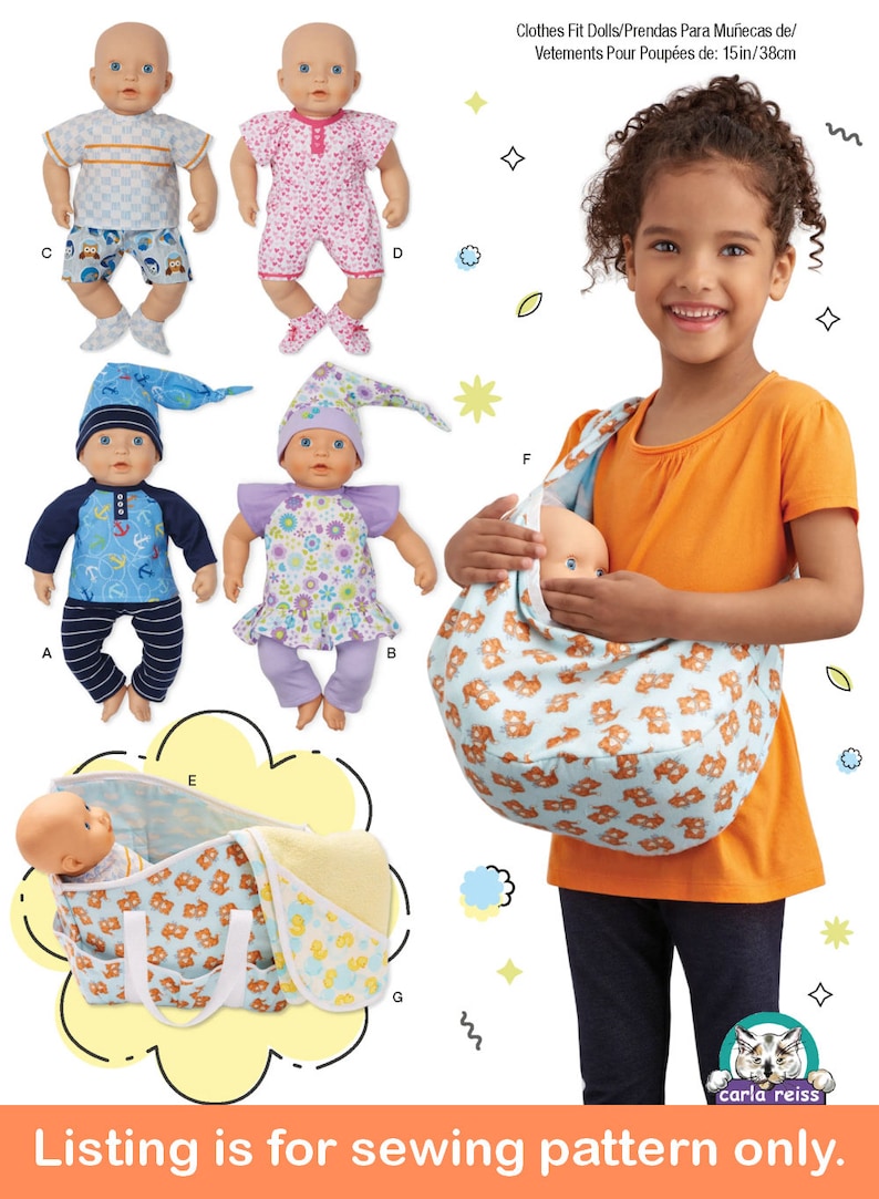 Puede incluir: Un patr&oacute;n de costura para hacer ropa para mu&ntilde;ecas de 38 cm. El patr&oacute;n incluye instrucciones para hacer una variedad de atuendos, incluyendo un atuendo a rayas azul y blanco, un atuendo floral rosa y blanco, un atuendo n&aacute;utico azul y blanco y un atuendo floral morado y blanco. El patr&oacute;n tambi&eacute;n incluye instrucciones para hacer un portabeb&eacute; y una cuna para beb&eacute;.