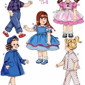 May include: A vintage sewing pattern for making doll clothes. The pattern includes five different outfits: a plaid shirt and jeans, a blue gingham dress, a pink dress with a white apron, a blue coat, and a red and white polka dot pyjama set. The pattern is from Butterick and is dated 1954.
