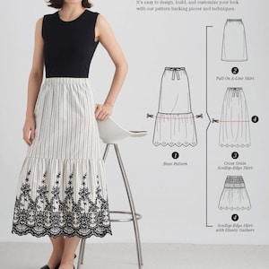 May include: A sewing pattern for a skirt with four different variations: base pattern, pull-on A-line skirt, cross grain scallop-edge skirt, and scallop-edge skirt with elastic gathers. The pattern is shown on a white background with a model wearing a black top and a white and black striped skirt.
