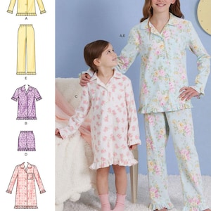 Op de afbeelding: Een naaipatroon voor een pyjama met een bloemenprint. Het patroon bevat een shirt met lange mouwen en een broek voor een meisje. Het patroon is gemarkeerd met "gemakkelijk te naaien".