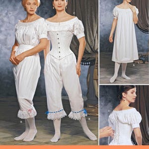 May include: A collection of white historical clothing patterns. The image shows a corset, off-the-shoulder tops, bloomers, and a long dress. The bloomers have lace trim with pink and blue ribbons. The image includes the text "Listing is for sewing pattern only."