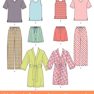 May include: A sewing pattern for pajamas with different top and bottom options. The tops include a V-neck t-shirt, a tank top, and a striped tank top. The bottoms include plaid pants, striped shorts, solid red shorts, and patterned pants. There are also two robe options, one solid green and one with a floral pattern.