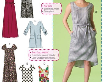May include: A sewing pattern booklet with instructions for making six different dresses. The dresses are shown in various styles and fabrics, including a red dress, a floral print dress, and a striped dress. The booklet is titled "Learn to Sew for Fun" and includes instructions for making a fabric belt, sewing darts, and sewing a faced neckline.