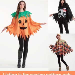 May include: Sewing pattern for three Halloween costumes: a pumpkin, a skeleton, and a scarecrow. Each costume features a poncho-style top with a unique design.