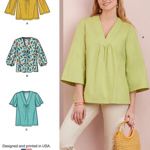 May include: A sewing pattern for a loose-fitting, V-neck top with three different sleeve options: long, 3/4, and short. The pattern includes a green top with long sleeves, a floral print top with 3/4 sleeves, and a light blue top with short sleeves. The text "Listing is for sewing pattern only." is at the bottom of the image.