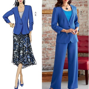 May include: The image shows a sewing pattern for a women's suit and skirt. The suit is a vibrant blue, featuring a blazer and wide-leg pants. The skirt is a wrap style with a black and blue pattern. The text at the bottom reads: Listing is for sewing pattern only.