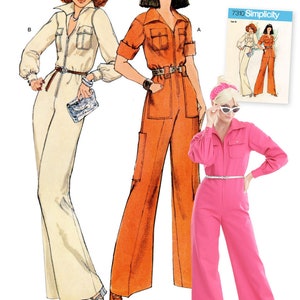 May include: Vintage 1970s Simplicity sewing pattern number 7310 for a jumpsuit with a collared neckline, long sleeves, and wide legs. The pattern includes three different versions of the jumpsuit: one in white, one in orange, and one in pink.