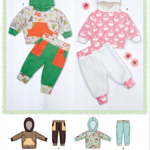 May include: Sewing pattern for a hooded sweatshirt and pants set for a baby or toddler. The pattern includes two different designs: one with a dinosaur print and one with a swan print. The pattern is available in sizes A and B.