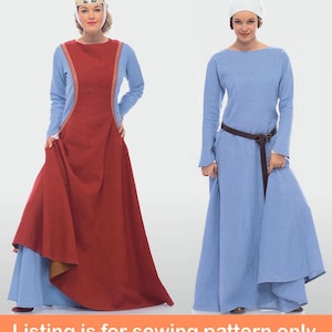May include: Two sewing patterns for medieval style dresses. The dress on the left is red with blue sleeves and a gold crown. The dress on the right is blue with a brown belt.  Listing is for sewing pattern only.