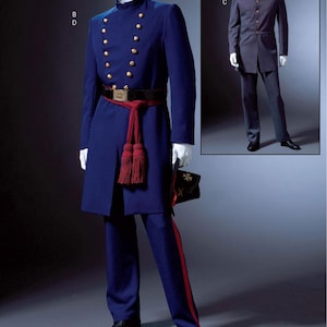 May include: A navy blue military-style uniform with gold buttons, a red sash, and matching trousers with a red stripe. The image includes a smaller inset of a similar uniform in a darker color. The text at the bottom reads: Listing is for sewing pattern only.
