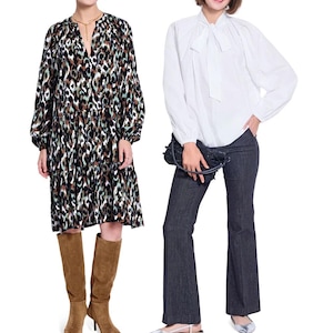 May include: A tiered knee-length dress with a black, brown, and teal animal print, long sleeves, and a V-neckline, paired with brown suede boots. A white long-sleeved blouse with a neck tie, dark trousers, and a black clutch. Text: Listing is for sewing pattern only.