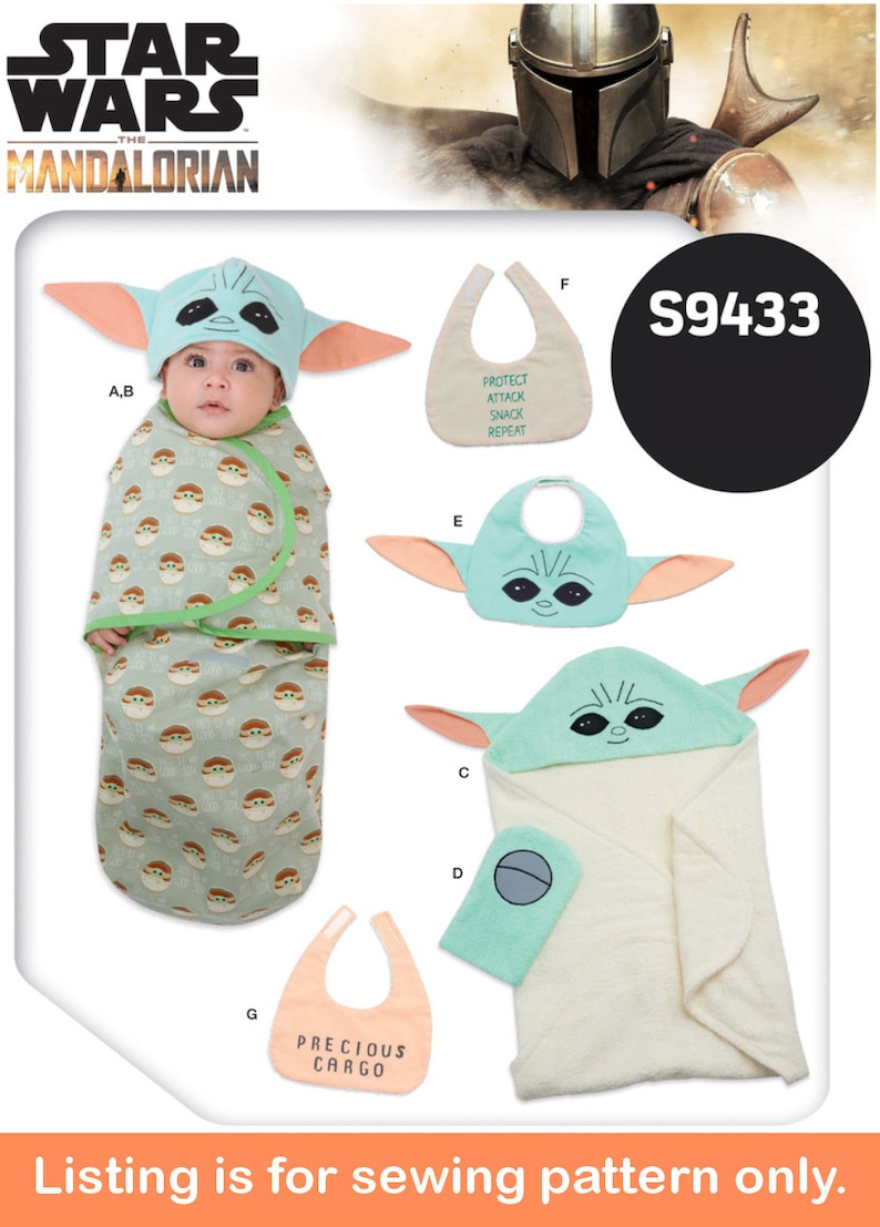 May include: A sewing pattern for a baby's hooded towel, a swaddle blanket, and three bibs. The pattern features a character from the Star Wars: The Mandalorian TV series. The pattern number is S9433.