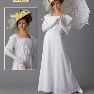 May include: A woman in a white dress, gloves, and hat with yellow flowers, holding a white lace parasol. The image includes a sewing pattern logo and the text "Listing is for sewing pattern only."