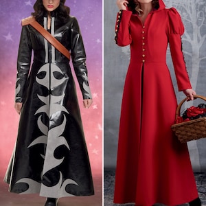 May include: Two sewing patterns for long coats. The first pattern is for a black leather coat with a silver design and a cowboy hat. The second pattern is for a red coat with a hood and gold buttons.