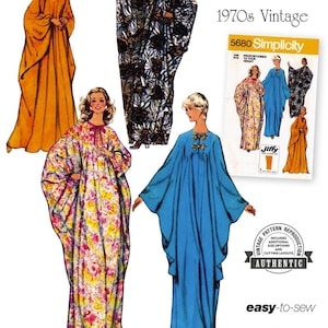 May include: Vintage 1970s Simplicity sewing pattern featuring caftan designs. The image shows multiple caftans in various colors and patterns, including floral and solid colors. The pattern includes additional size options and cutting layouts.