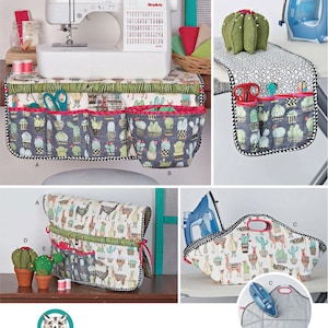 Può includere: Modello di cucito per un set di tre organizzatori di stoccaggio con stampa di cactus e lama. Gli organizzatori sono progettati per adattarsi a una macchina da cucire, un asse da stiro e un asse da stiro più piccolo. Il modello include istruzioni per realizzare gli organizzatori e le tasche.