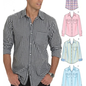 Peut inclure: Un homme porte une chemise à carreaux noirs et blancs. L'image présente également des illustrations de différents modèles de chemises, dont une chemise rose, une chemise rayée et une chemise bleue. Le texte en bas indique : "Listing is for sewing pattern only."