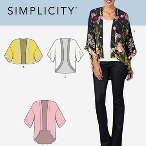 May include: Simplicity sewing pattern featuring a floral print kimono-style jacket. The image includes illustrations of three jacket variations in yellow, white, and pink. The text "SIMPLICITY" is at the top, and the text "Listing is for sewing pattern only." is at the bottom.