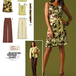 May include: A sewing pattern for a dress, top, jacket, and pants. The pattern includes a green and brown floral print dress, a green top, a green jacket, and brown pants. The pattern is designed by Karen Z for the American Sewing Guild.