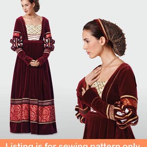 Puede incluir: Un patrón de costura para un vestido de estilo renacentista con un corpiño de terciopelo burdeos, ribetes dorados y un corpiño estampado en blanco y dorado. El vestido tiene mangas largas con puños abullonados y una falda plisada.