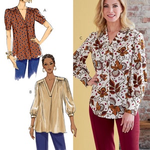 May include: Sewing pattern for a blouse with three different sleeve styles. The pattern includes a short-sleeved blouse with a polka dot print, a long-sleeved blouse with a floral print, and a long-sleeved blouse with a solid color.