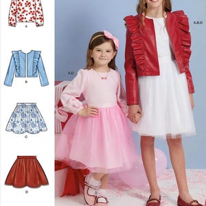 May include: A sewing pattern with illustrations of children's clothing, including a red jacket, a blue ruffled jacket, a floral skirt, and a red skirt. Two young girls are wearing the clothing. The text at the bottom says "Listing is for sewing pattern only."
