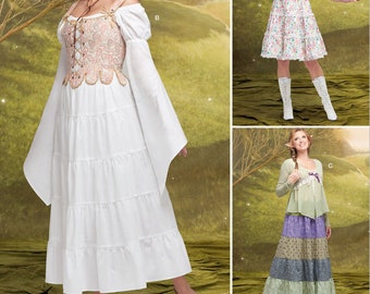 May include: A sewing pattern for three distinct outfits: a white dress with a paisley bodice and long sleeves, a pink bodice dress with a floral skirt and wings, and a green cardigan with a multi-colored tiered skirt. Text reads: Listing is for sewing pattern only.