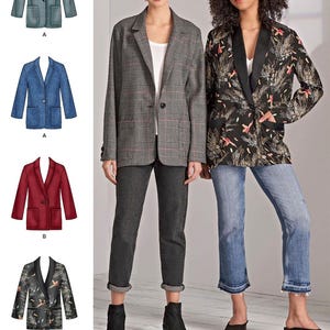 May include: Image of a sewing pattern for blazers. The blazers are shown in various colors and patterns, including a plaid, a floral print, and solid colors. The image also shows two people wearing blazers. The text at the bottom says "Listing is for sewing pattern only."