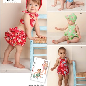 MODELLO DI CUCITO PER TUTINA / Crea vestiti per neonati / Abbigliamento per neonati e bambine, cuffietta e pantaloncini a pantaloncino / Taglia neonato-L / Stile vintage anni '50, abbigliamento per neonati 1600