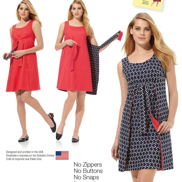 May include: A Jiffy sewing pattern for a sleeveless wrap dress with three main pieces. The pattern features a solid red version and a navy blue version with a white floral print. Text includes: Simple to sew using 3 main pattern pieces, No Zippers, No Buttons, No Snaps, It wraps!, and Listing is for sewing pattern only.