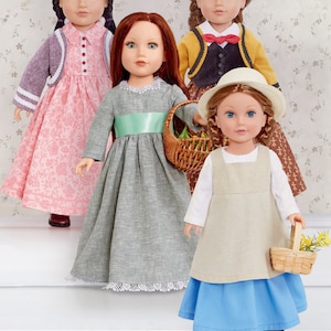 May include: Sewing pattern for four dolls wearing different dresses. The dolls are wearing a pink floral dress, a gray dress with a green sash, a brown dress with a yellow jacket, and a blue skirt with a beige apron.