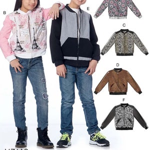 May include: Sewing pattern for a bomber jacket with six different fabric options. The pattern includes a gray and black bomber jacket, a pink and white bomber jacket with a Paris print, a gray and white floral bomber jacket, a brown leopard print bomber jacket, a brown leather bomber jacket, and a black and white patterned bomber jacket.