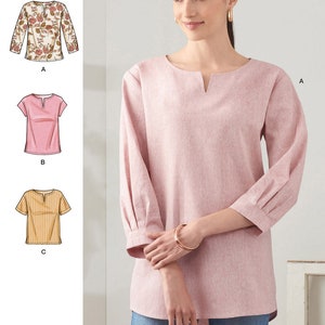 May include: A pink tunic-style top with a notched neckline and three-quarter sleeves. The image also shows three different blouse patterns: a floral print, a pink short-sleeved top, and a yellow striped short-sleeved top. The text at the bottom says "Listing is for sewing pattern only."