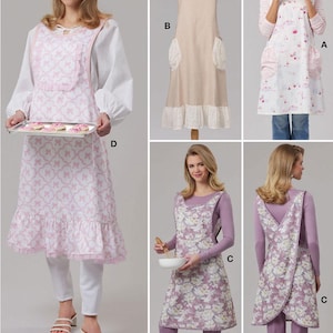 May include: Apron sewing pattern with multiple design options. The aprons feature various styles, including a floral print, a bow pattern, and a solid colour with lace trim. The image shows different apron styles and the text "Listing is for sewing pattern only."