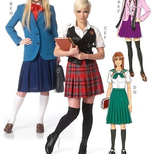 May include: Sewing pattern for three different school uniform styles. The first style is a blue blazer with a black skirt. The second style is a black vest with a red and black plaid skirt. The third style is a white shirt with a green skirt.