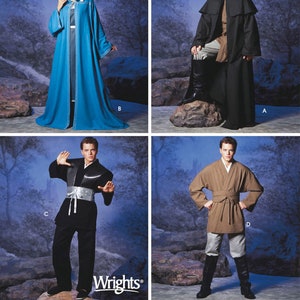 May include: Sewing pattern for four different costumes. The pattern includes a long blue hooded robe, a black hooded robe, a black and silver costume, and a brown robe with a belt.
