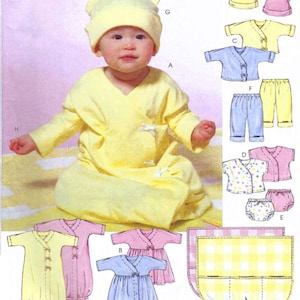 May include: A baby wearing a yellow wrap-style outfit and a matching hat with bear ears. The image also shows illustrations of various baby clothing patterns, including tops, pants, and a diaper cover. The text "Listing is for sewing pattern only" is at the bottom.