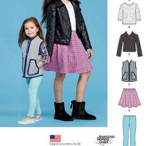 May include: Sewing pattern for a girls' outfit, featuring a black leather jacket, a plaid skirt, a grey vest, a blue and white patterned shirt, and blue leggings. The pattern is designed and printed in the USA.