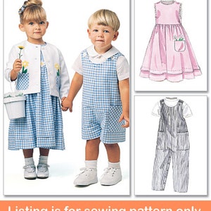 May include: Image of children's clothing patterns. The image shows a girl and boy in blue and white gingham outfits, and illustrations of a pink dress and striped overalls. The text at the bottom reads "Listing is for sewing pattern only."