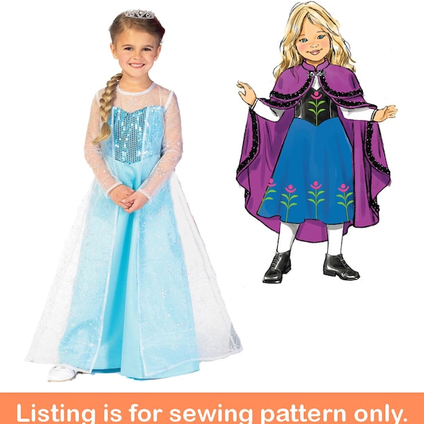 COSTUME SEWING PATTERN | Sew Girls Halloween Carnival Dress | Frozen Elsa Anna Dress Outfit Cape | Child Size 3 4 5 6 7 8 10 12 14 Teen 7000