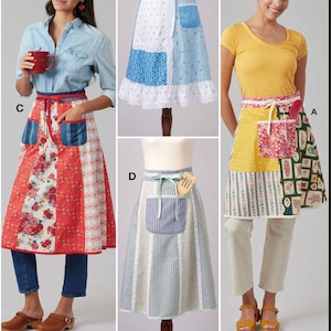 May include: Image features four different aprons with various patterns and designs. One apron has a red floral pattern, another has a blue and white patchwork design, a third has a yellow and floral pattern, and the last one has a striped pattern. The aprons are displayed on mannequins and a person.