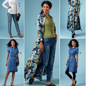 May include: A sewing pattern for three different outfits. The first outfit is a white button-down shirt with a pair of black and white patterned pants. The second outfit is a blue denim shirt dress with a belt. The third outfit is a long floral print dress with a green shirt underneath.
