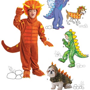 May include: Sewing pattern for a dinosaur costume for children and a dog. The pattern includes five different designs: a triceratops, a green dinosaur, a blue dinosaur, a dog with a triceratops costume, and a dog with a dinosaur costume. The pattern is illustrated with drawings of children and dogs wearing the costumes.