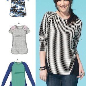 May include: Image of a sewing pattern featuring three shirt designs. One is grey with pink lace sleeves, another has a blue and black pattern, and the third is green with blue sleeves. The pattern number is M7286.