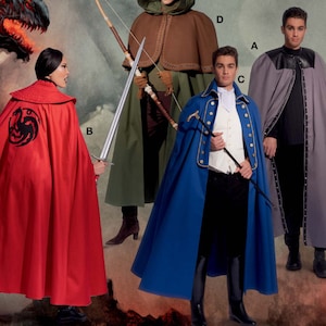 May include: Sewing pattern for four different capes. The capes are in red, green, blue, and gray. The pattern includes instructions for making each cape.
